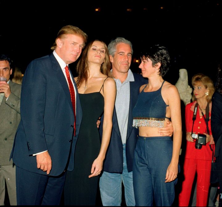 From left, Donald Trump and his girlfriend (and future wife), former model Melania Knauss, financier (and future convicted sex offender) Jeffrey Epstein, and British socialite Ghislaine Maxwell pose together at the Mar-a-Lago club in Palm Beach, Florida on February 12, 2000.