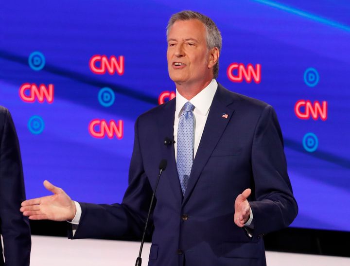 New York City Mayor Bill de Blasio relished the chance to attack his rivals from the left, making a forceful case for, among other things, the purest possible form of "Medicare for All."