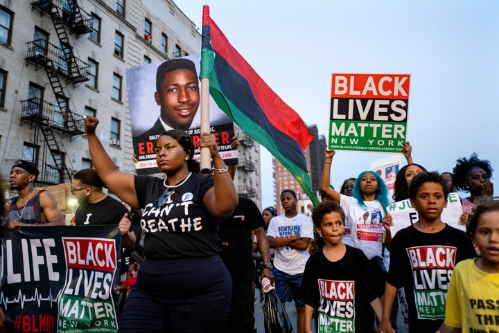 Activists with Black Lives Matter protest in New York on July 16, 2019, in the wake of a decision by federal prosecutors who declined to bring civil rights charges against New York City police officer Daniel Pantaleo in the 2014 chokehold death of Eric Garner. 