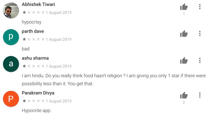 A small sampling of the very many 1-star reviews for Zomato that have come up overnight.