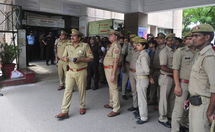 Heavy police force seen outside the Trauma centre at King George's Medical University where Unnao rape survivor is admitted. 