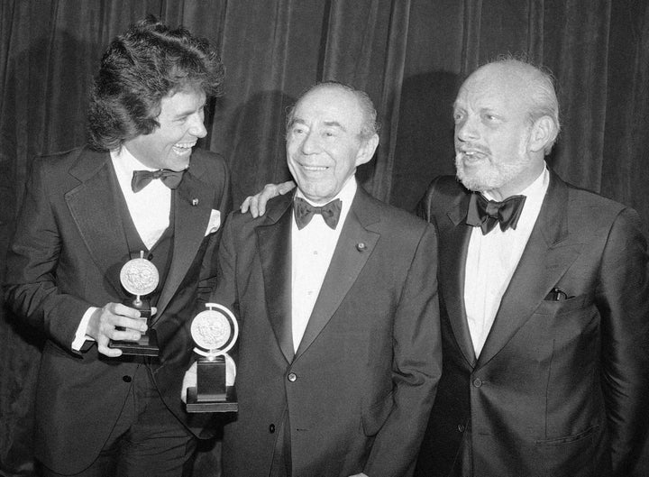 Jack Hofsiss, left, and Hal Prince, right, flank Richard Rodgers at the Tony Award presentations in New York in this 1979 fil