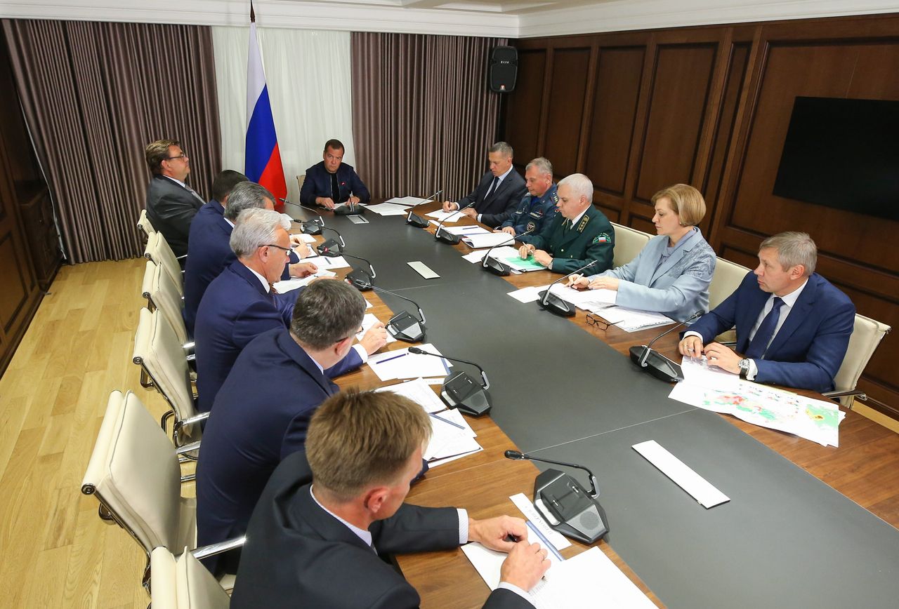 Russia's Prime Minister Dmitry Medvedev holds a meeting on the wildfires in Russia's Krasnoyarsk Territory