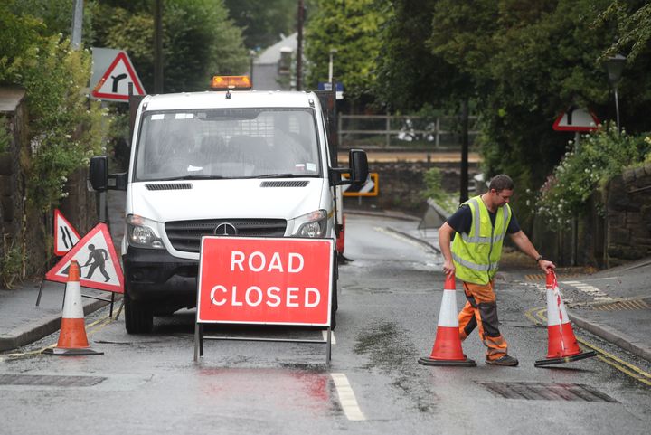 A roadblock is put in place at Whaley Lane the entrance to the village of Whaley Bridge