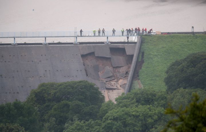 Toddbrook Reservoir near the village of Whaley Bridge, Derbyshire, after it was damaged in heavy rainfall.