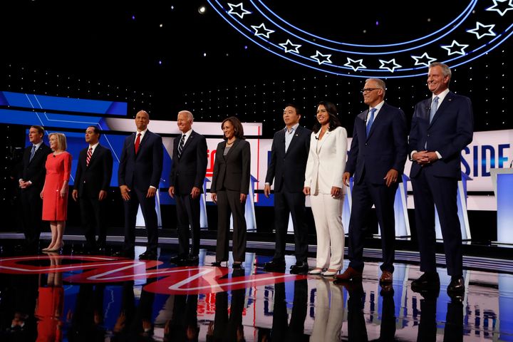 Democratic candidates are introduced before the second of two Democratic presidential primary debates hosted by CNN in late July.