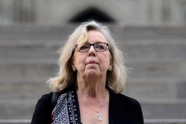 Green party leader Elizabeth May makes her way from Parliament Hill in Ottawa on June 18, 2019.