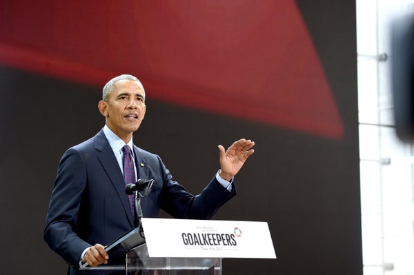 Obama speaks at Goalkeepers 2017, at Jazz at Lincoln Center in New York City.&nbsp;