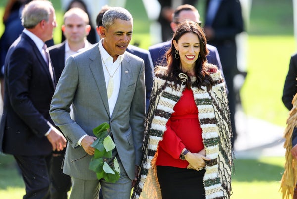 Obama attends a powhiri with New Zealand prime minister Jacinda Ardern.