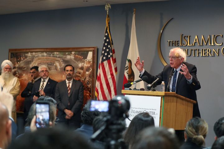 Sen. Bernie Sanders speaks after meeting with interfaith leaders at the Islamic Center of Southern California in Los Angeles on March 23.