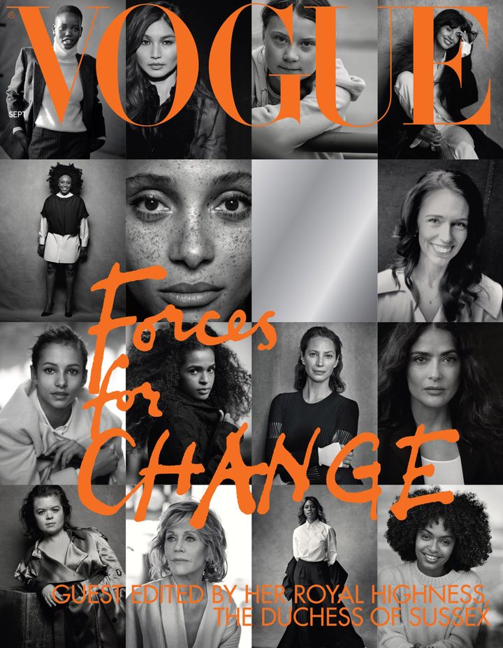 The cover of British Vogue's September issue, entitled "Forces for Change," guest edited by Britain's Meghan, Duchess of Sussex, shows photographs by Peter Lindbergh.