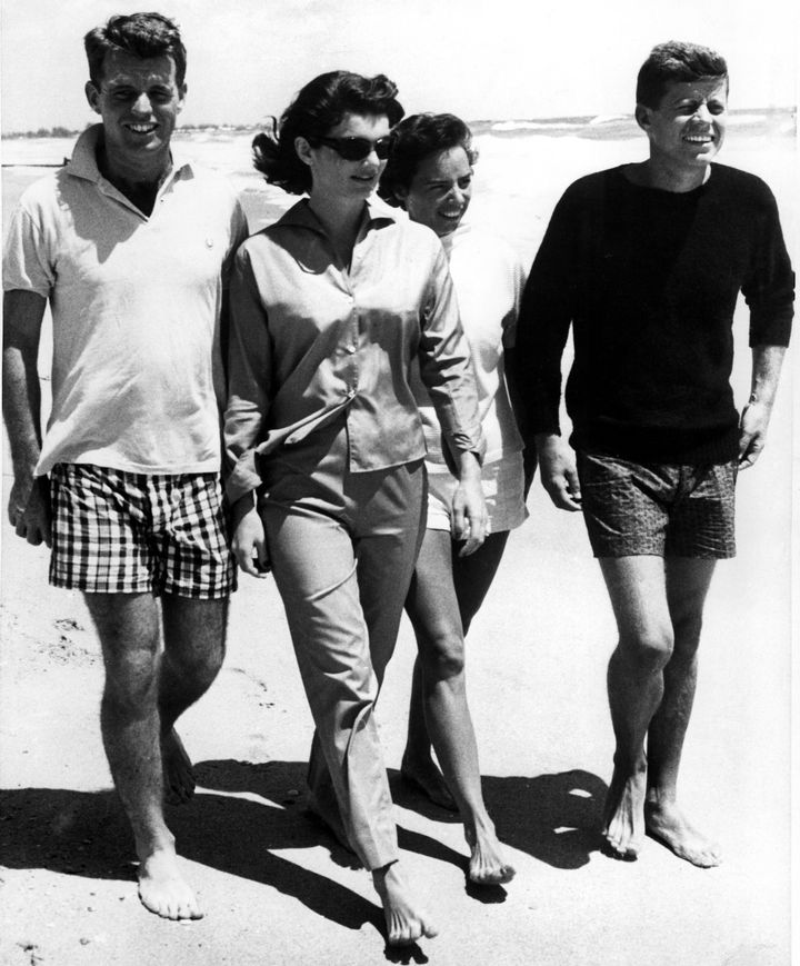 The Kennedys: Robert, Jackie, Ethel and John relaxing on the beach in 1957