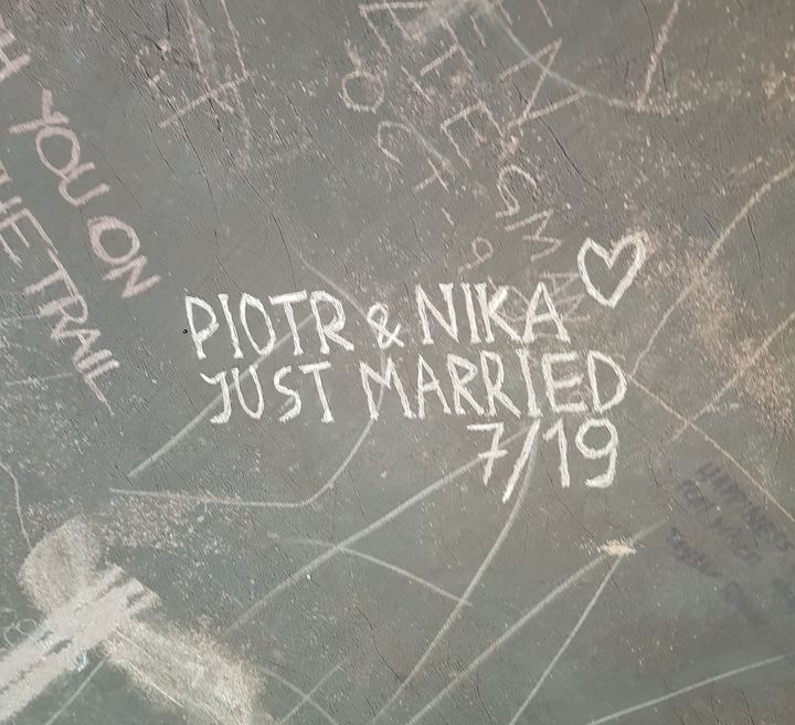 The newlyweds' names etched on the inside of the bus.