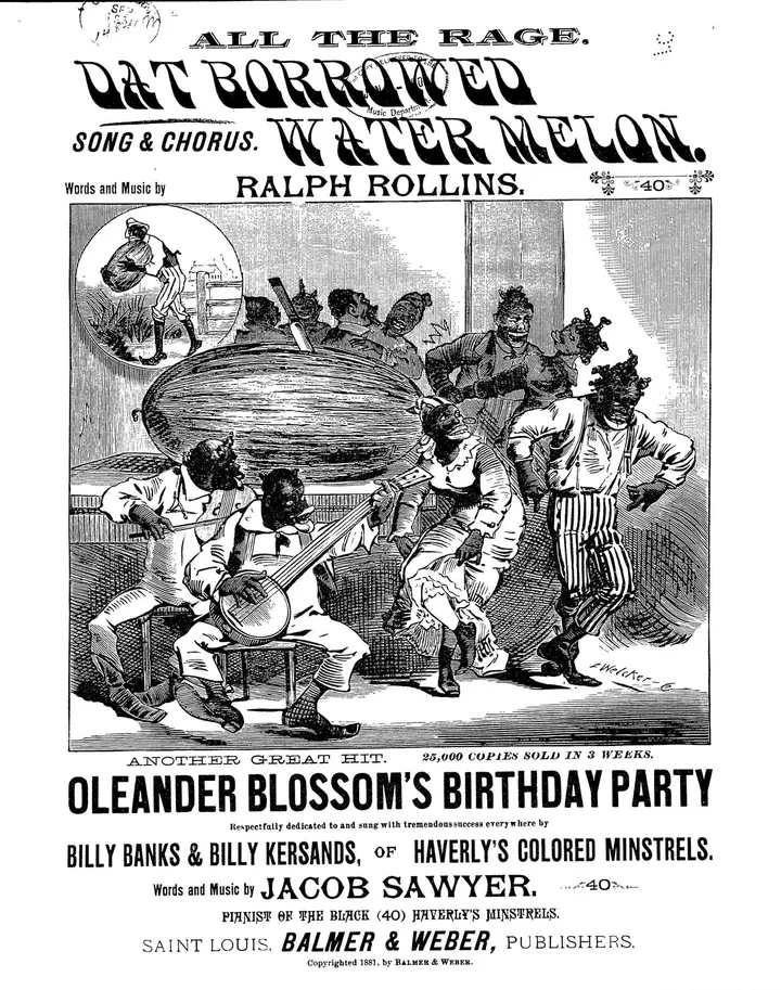 The sheet music for an 1881 song called "Dat Borrowed Watermelon" depicts the "happy darkie concept of a person who just loves watermelon," as Williams-Forson explains it.