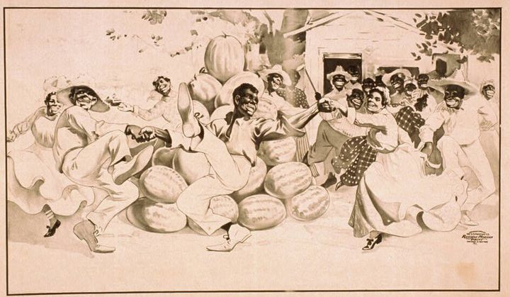 This 1900 lithograph is called "African Americans dancing around a pile of watermelons."