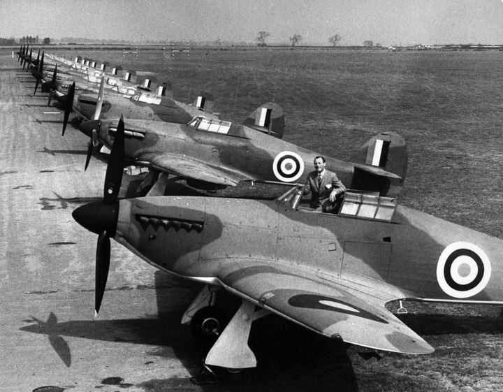 Hurricanes and Spitfires, which took part to the Battle of Britain are pictured on the RAF Henlow Base 19 April 1968 before taking off for their last flight