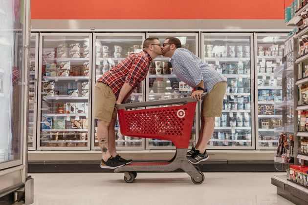 The couple made use of props in the store, including the carts.