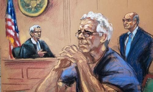 Court sketch of Jeffrey Epstein from last month.