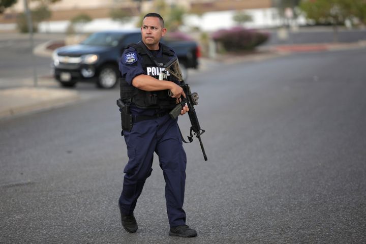 A police officer is seen after a mass shooting at a Walmart in El Paso, Texas.
