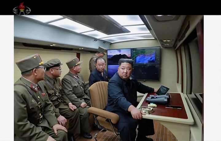 In this image made from video of a still image broadcasted by North Korea's KRT on Thursday, Aug. 1, 2019, North Korean leader Kim Jong Un supervises a rocket launch test.