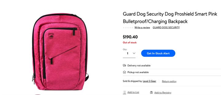 This pink bulletproof backpack at Walmart was sold out when HuffPost Canada searched for it on Aug. 6. 