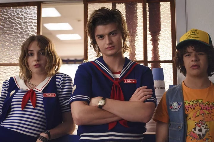 Maya Hawke as Robin, Joe Keery as Steve and Gaten Matarazzo as Dustin in “Stranger Things 3.”