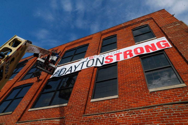 A banner bears the hashtag "#DAYTONSTRONG" after the mass shooting in the city.