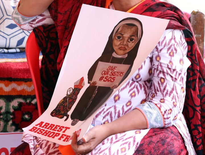 Poster at a protest demanding justice after an alleged sexual assault of a Kerala nun by a bishop, on September 15, 2018 in Kochi, Kerala. 