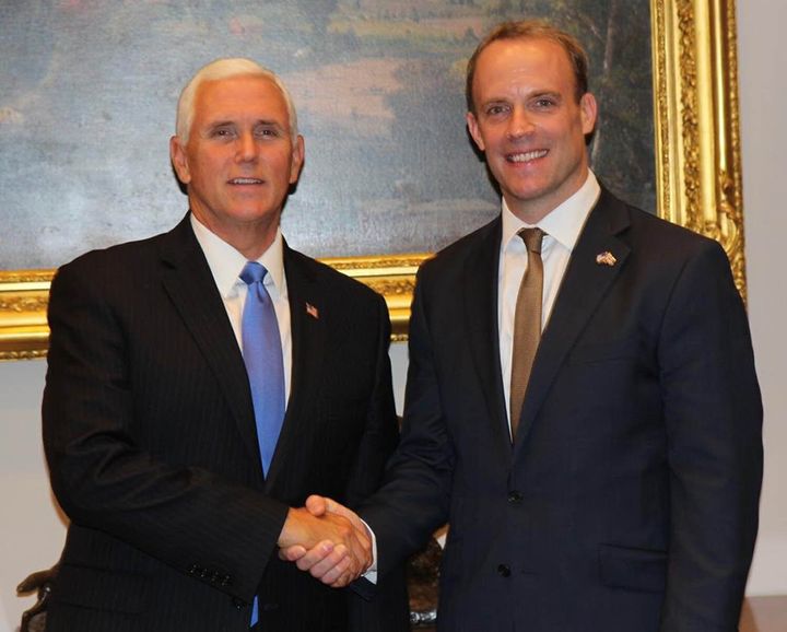 Dominic Raab meeting US Vice President Mike Pence in Washington on Tuesday evening on the second leg of his tour of North America.