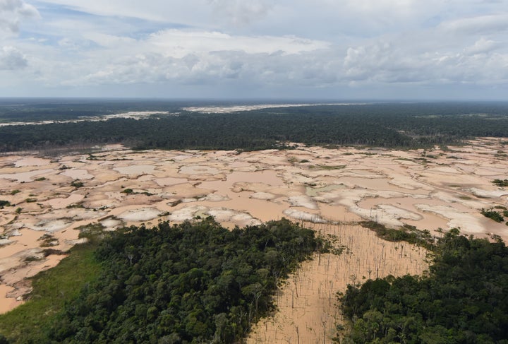 A deforested area of the Amazon jungle in southeast Peru caused by illegal mining.