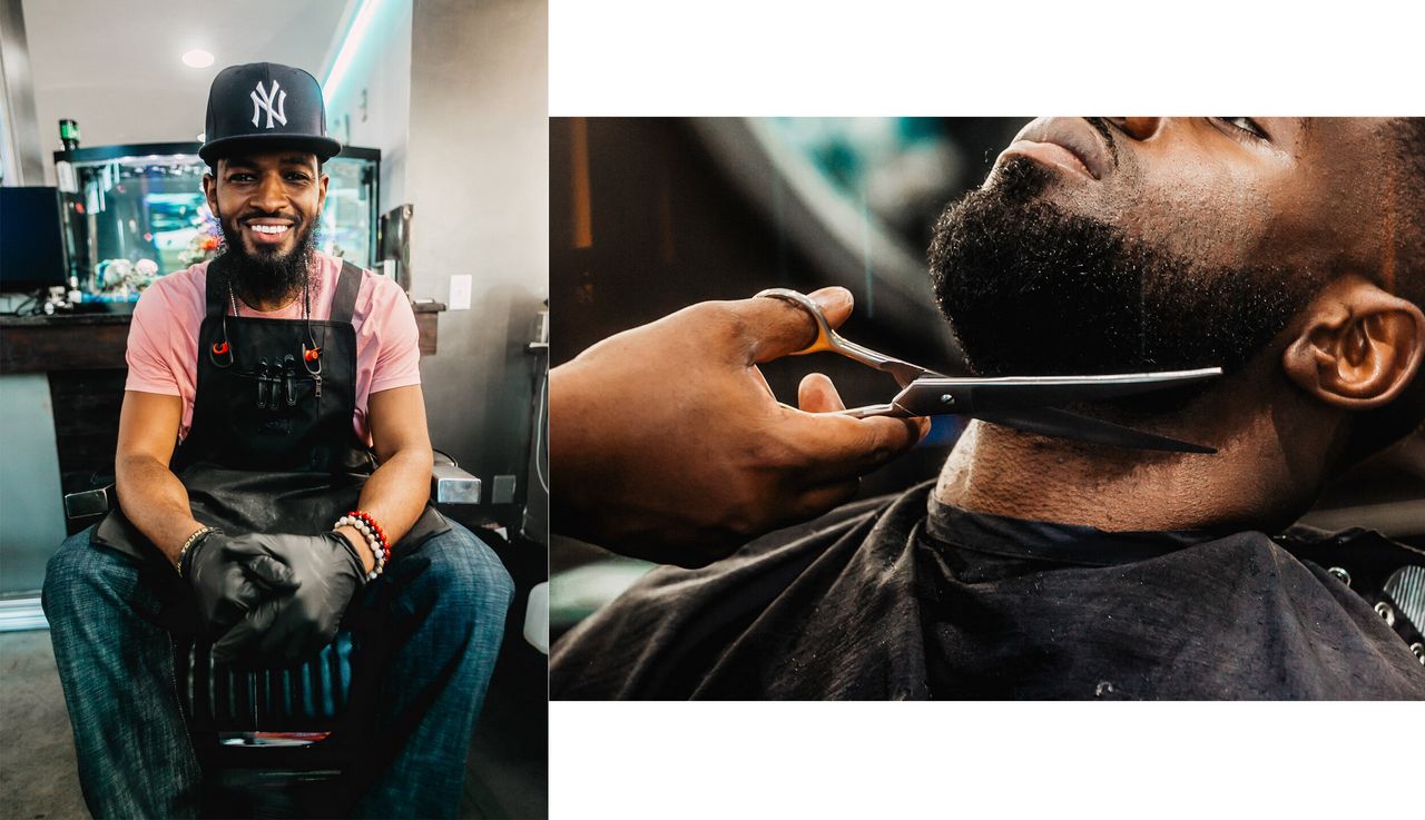 Left: Stephan “Step the Barber” Swearingen poses for a photo at Plush Midtown. Right: Oladi Falade, a regular client at Plush Midtown, gets a trim.