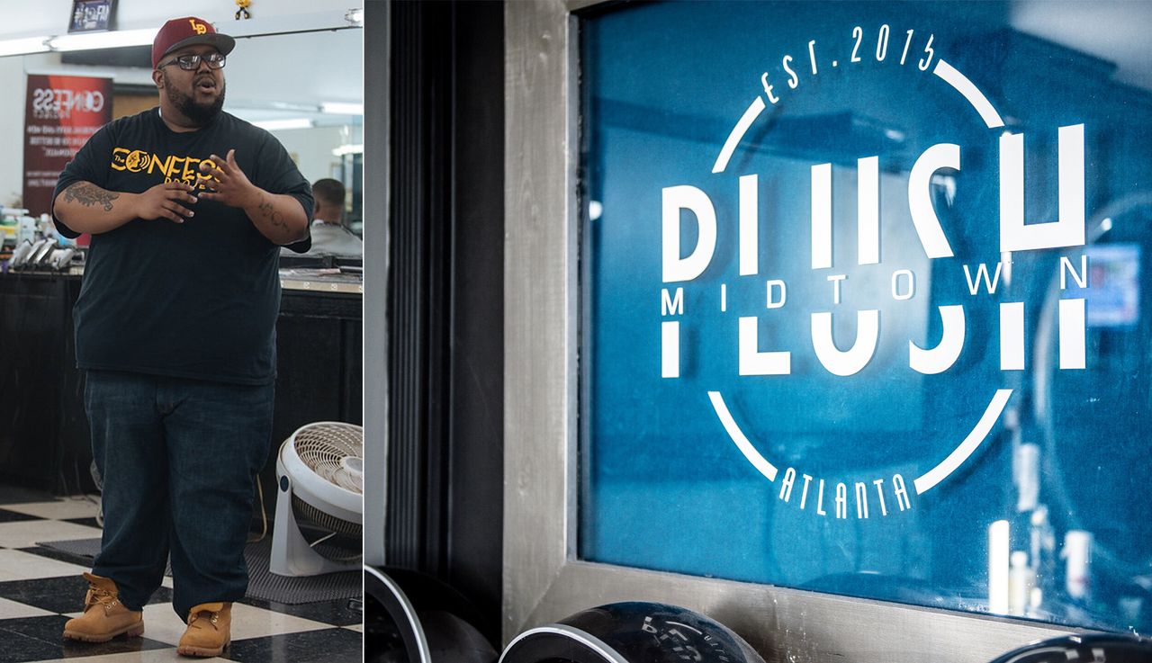 Left: Lorenzo Lewis of The Confess Project gives a presentation at a barbershop in Irmo, South Carolina. Right: The interior of Plush Midtown.