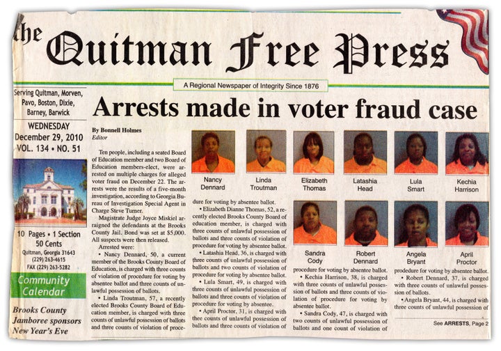 The voter-fraud arrest story on the front page of the Quitman Free Press in 2010.