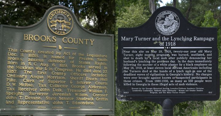 A plaque in Quitman town square honoring Preston Brooks, right and a plaque near what is believed to be the site of the 1918 lynching of Mary Turner and 12 others in Quitman, Ga. (Photos: Sam Matthews/Yahoo News)