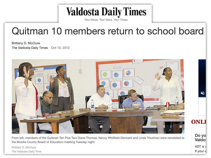 Diane Thomas, Nancy Dennard and Linda Troutman are reinstated to the Brooks County school board, as covered by the Valdosta Daily Times.