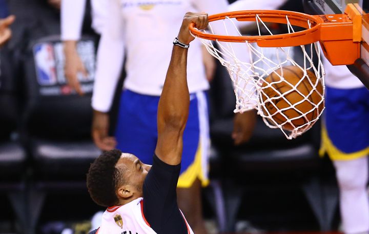 Norman Powell, #24 of the Toronto Raptors, dunks the ball against the Golden State Warriors in the second half during Game Five of the 2019 NBA Finals at Scotiabank Arena, Toronto, June 10.