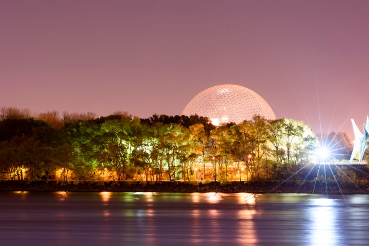 Montreal's Parc Jean-Drapeau pictured at night.