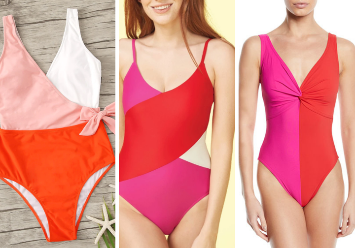 From left: Shein's <a href="https://us.shein.com/Colorblock-Surplice-Neck-One-Piece-Swimsuit-p-775305-cat-2193.html" target="_blank" rel="noopener noreferrer">colorblock surplice neck one-piece swimsuit, $13</a>; Summersalt's <a href="https://www.summersalt.com/products/the-marina?variant=15346031755373" target="_blank" rel="noopener noreferrer">"The Marina," $95</a>; Karla Colletto <a href="https://www.bergdorfgoodman.com/p/karla-colletto-sorella-colorblock-v-neck-underwire-one-piece-swimsuit-prod150130011" target="_blank" rel="noopener noreferrer">"Sorella," $311</a> (currently sold out)