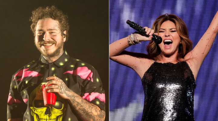 Rapper Post Malone listens to Shania Twain backstage.