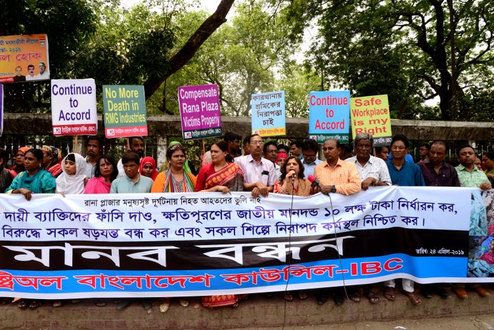 Activists protest to demand safe workplaces for garment workers at an event to mark the sixth anniversary of the of the Rana Plaza building collapse disaster in in Dhaka, Bangladesh, April 24.
