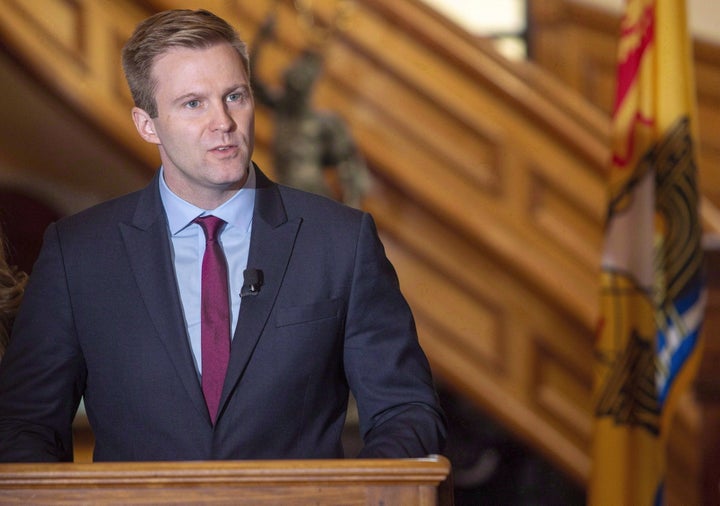 Former New Brunswick premier Brian Gallant announces his resignation as leader of the Liberal Party at the New Brunswick Legislature in Fredericton on Nov. 15, 2018.