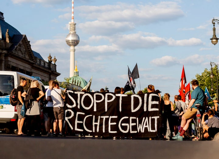 People at a protest against far-right violence in Berlin in June.