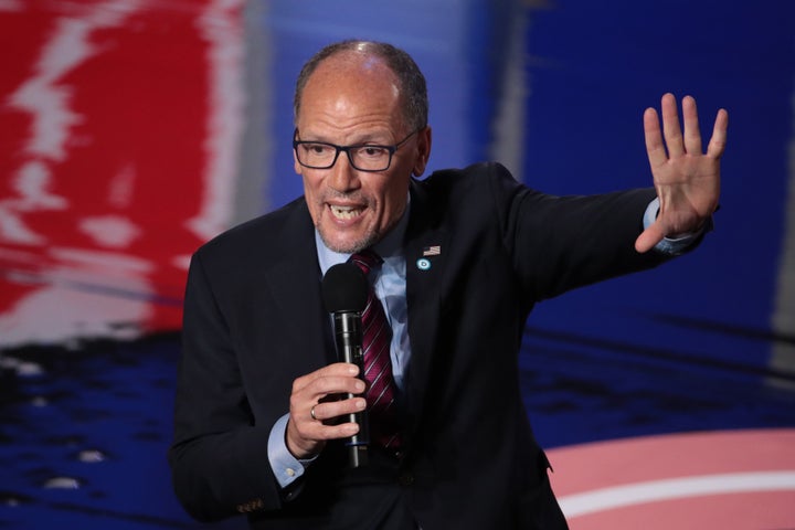 DNC Chair Tom Perez speaks to the audience attending the Democratic Presidential Debate at the Fox Theatre in Detroit on July 31.
