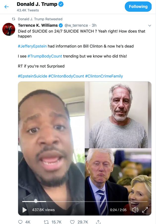 President Donald Trump retweeted this conspiracy theory linking the Clintons to Jeffrey Epstein's death.