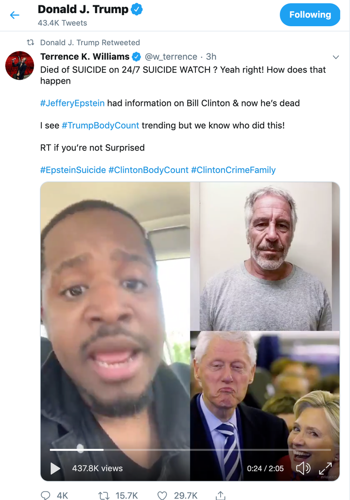 President Donald Trump retweeted this conspiracy theory linking the Clintons to Jeffrey Epstein's death.