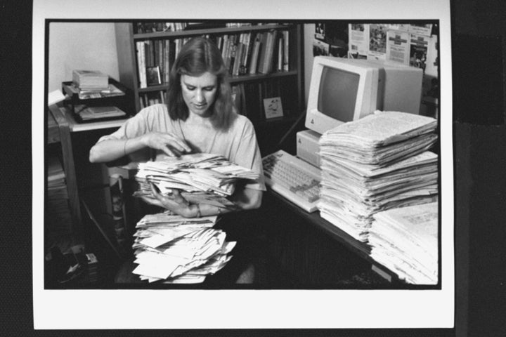 Ann M. Martin sorts through stacks of fan mail at home in Greenwich Village in the late 1980s.