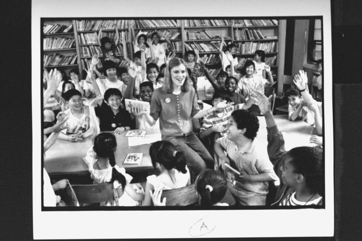 Ann Martin surrounded by fans at her official fan club in New York in the late 1980s.