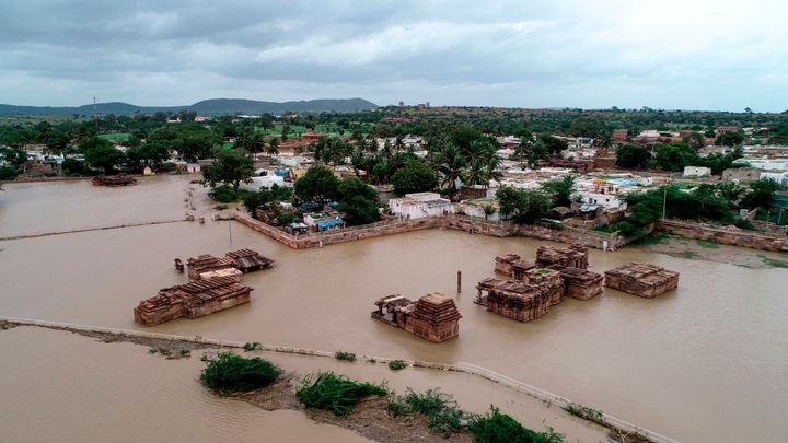 An aerial view of the famous Lad Khan Temple in Aihole submerged in floodwaters in Bagalkot district in Karnataka on August 10, 2019.