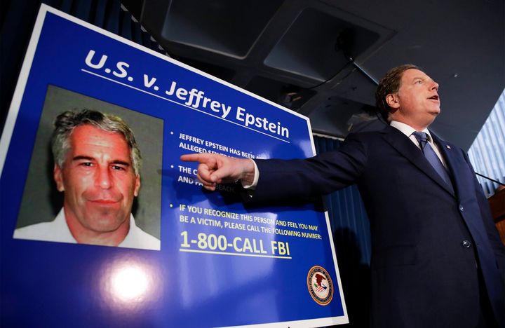 U.S. Attorney for the Southern District of New York Geoffrey Berman points to a photo of Jeffrey Epstein on July 8, 2019.