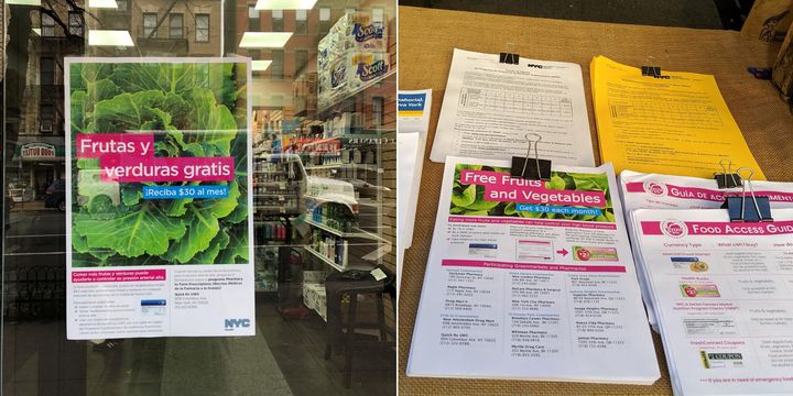 Flyers for the Pharmacy to Farm program in the window of the QuickRx Specialty Pharmacy on Manhattan's Upper West Side (left) and at the Union Square Greenmarket (right).